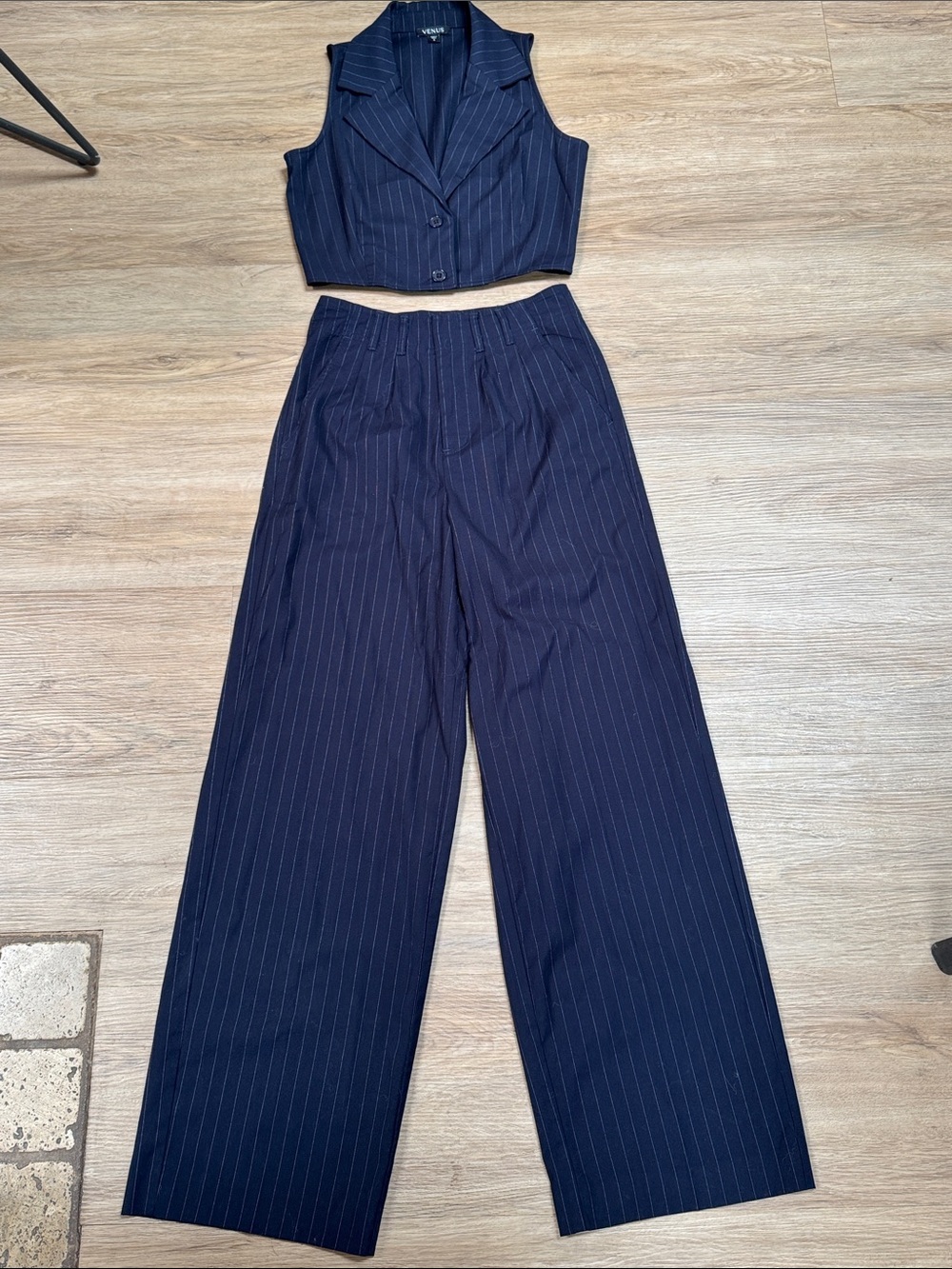 VENUS Navy Pinstripe Wide-Leg Pants with Matching Cropped Vest